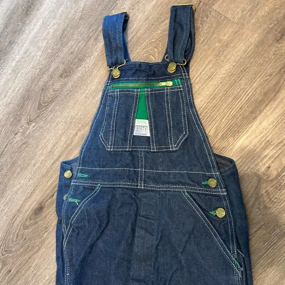 Liberty Bib Overalls Youth 16 Regular Blue Denim Adjustable Straps Green Trim - Picture 2 of 15